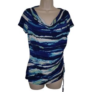 Dana Bushman Abstract Multicolor Short Sleeves Cowl Neckline Blouse Tie Side S